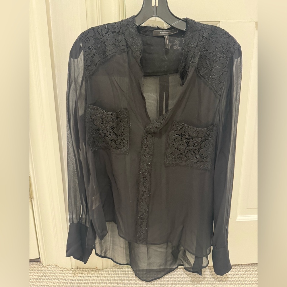 BCBGMAXAZRIA Erica Black Sheer Lace Long Sleeve Button Down Blouse